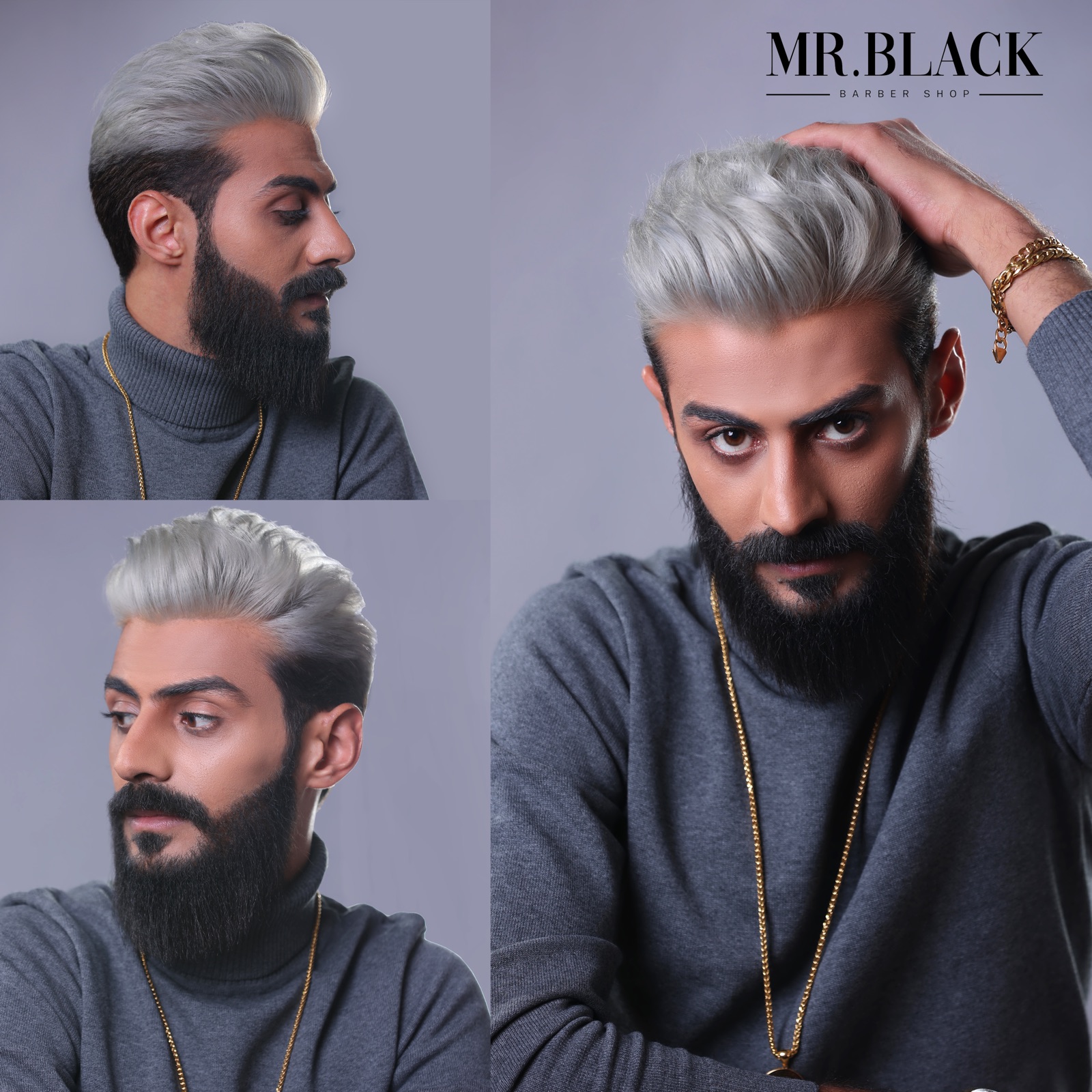 Studio portrait of a client with a full groomed beard and silver-dyed hair