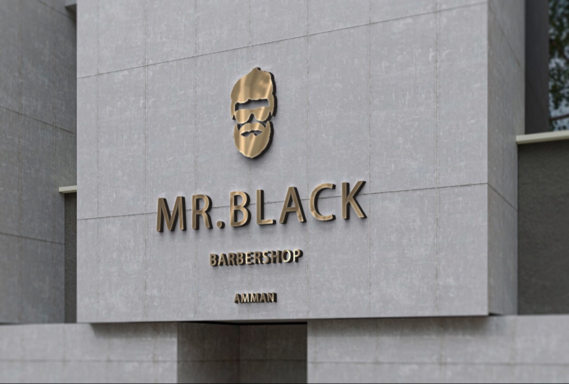Gold Mr. Black Barbershop Amman logo signage